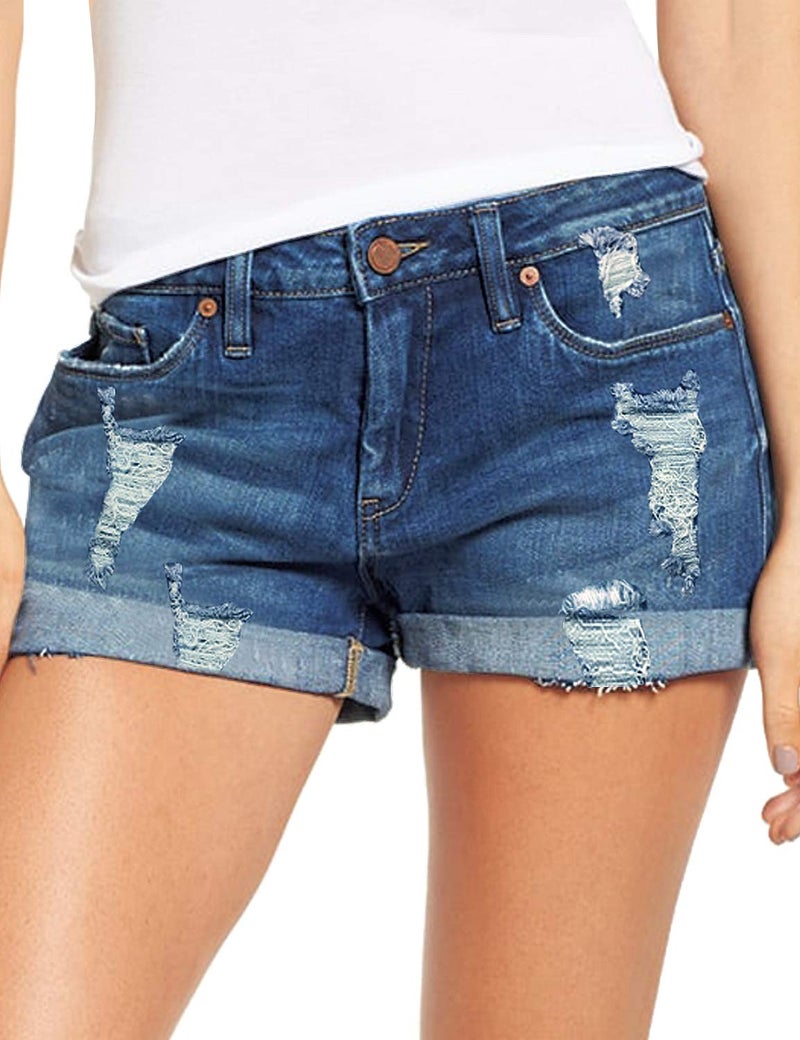 luvamia Women's Ripped Denim Jean Shorts High Waisted Stretchy Folded Hem Short Jeans A1 Cape Blue Size Small Fits US 4-6 - Image 1
